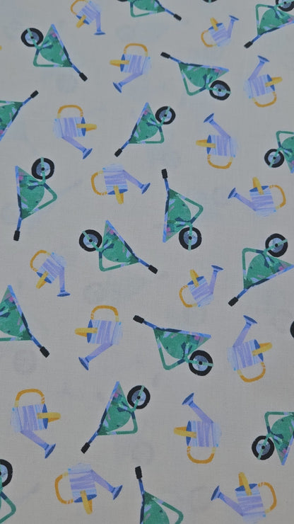 Lewis & Irene Flower Market Collection Wheelbarrows & Watering Cans Cotton Fabric | 100% Premium Quilting Fabric