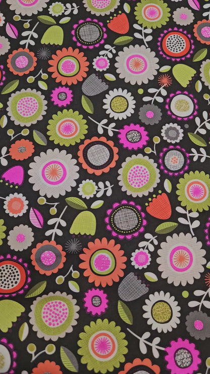 Lewis & Irene Inflorescence – Dark Sketchbook Flowers with Pink Neon Cotton Fabric | 100% Premium Quilting Cotton