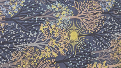 Lewis & Irene Winter Solstice – Trees on Midnight Blue with Gold Metallic Cotton Fabric | 100% Premium Quilting Cotton